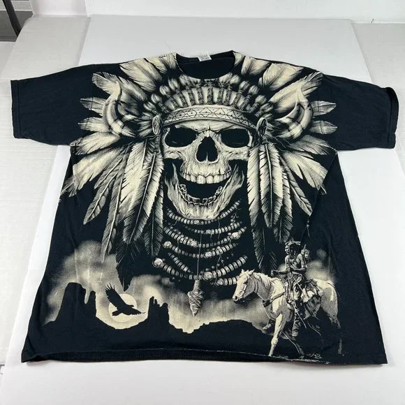 Y2K Native Indigenous Ghost Extra Large Black White Mega Print Short Sleeve Tee - Picture 1 of 12